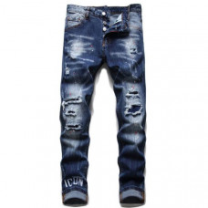 Men's Washed Denim Trousers Ripped Slim Fit Hip Hop Blue Straight-Leg Jeans