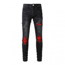 Mens Knee Hole Ripped Red Pleated Patchwork Skinny Fit Black Stretch Denim Jeans