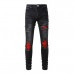 Mens Knee Hole Ripped Red Pleated Patchwork Skinny Fit Black Stretch Denim Jeans