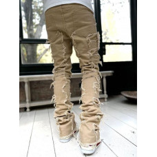 Men Trousers Individual Patched Pants Long Tight Fit Stacked Jeans