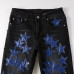 Men's Punk Blue Stars PU Patchwork Skinny fit Stretch Denim Washed Moto Jeans