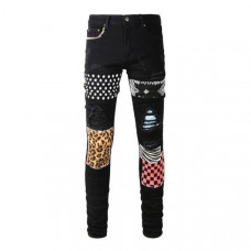 Men Punk Leopard Patchwork Print Skinny Fit Denim Moto Biker Black Classic Jeans