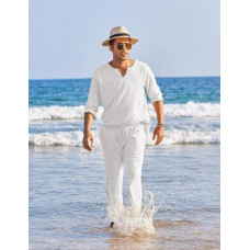 White Men's Cotton Linen Long Sleeve Henley Shirt and Beach Pant 2 Piece Set