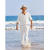 White Men's Cotton Linen Long Sleeve Henley Shirt and Beach Pant 2 Piece Set