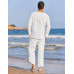 White Men's Cotton Linen Long Sleeve Henley Shirt and Beach Pant 2 Piece Set