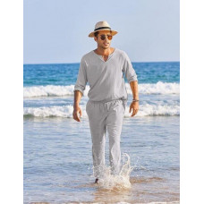 Light Gray Mens Cotton Linen Long Sleeve Henley Shirt and Beach Pant 2 Piece Set