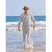 Light Gray Mens Cotton Linen Long Sleeve Henley Shirt and Beach Pant 2 Piece Set