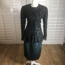 Vintage 80s Teal 2 Piece Skirt Suit Set Womens M Lace Overlay Peplum Holiday